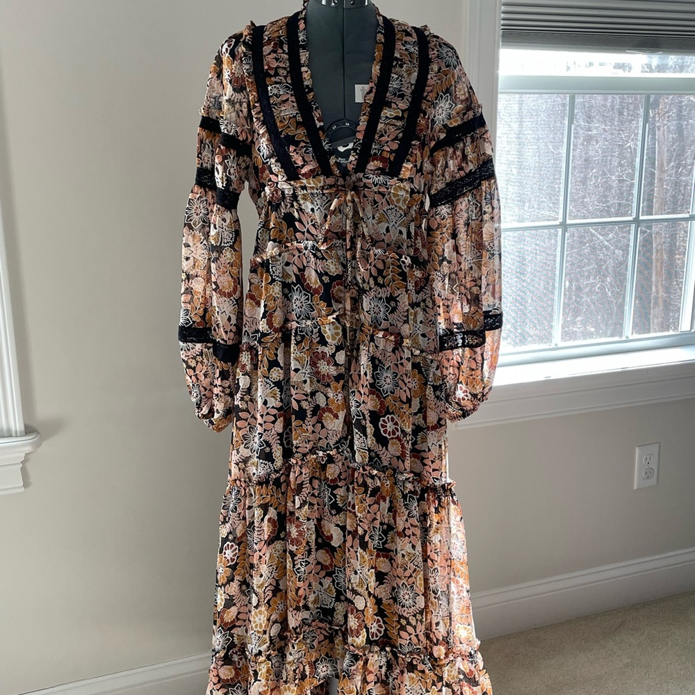 Free People Floral Cassis Midi Dress in Black, Pink, Mustard size S